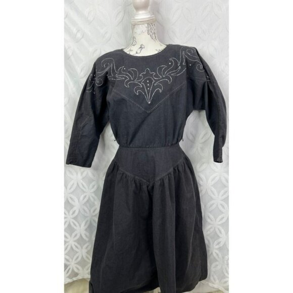 PG‎ Collections Western Style Black Denim Dress with White Embroidery Size 10 - Picture 10 of 14
